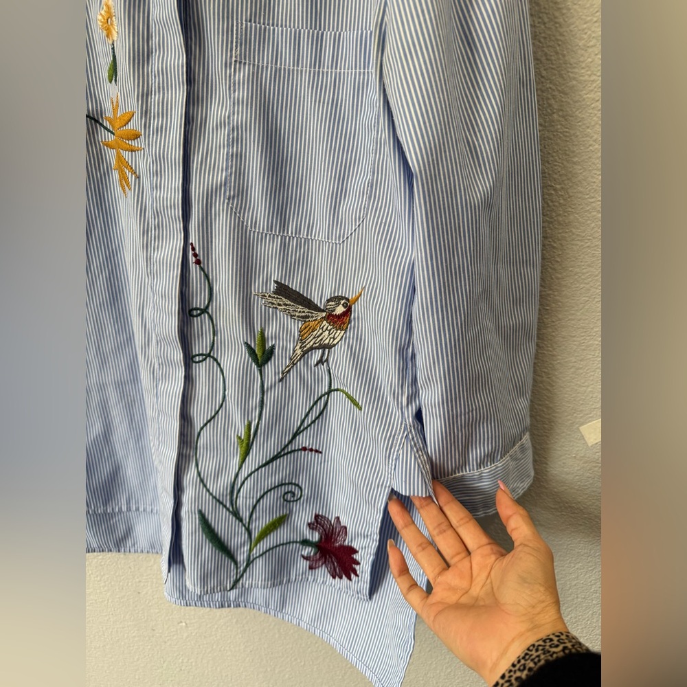 ZARA Woman Blue Striped Embroidered Shirt XS | Floral Bird Button Down Tunic Top - Picture 4 of 8